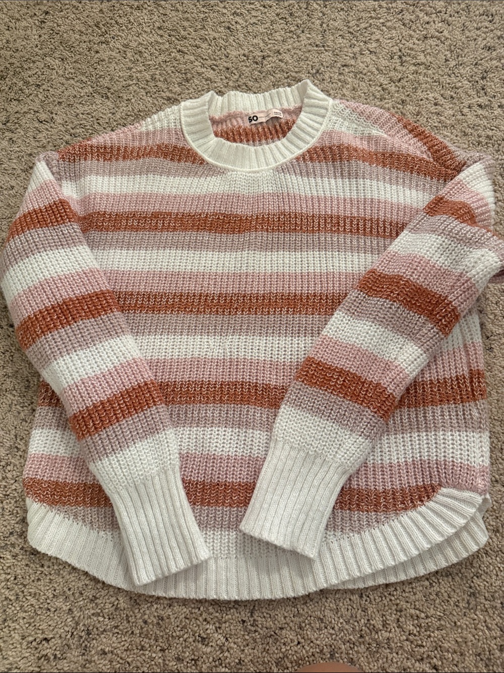 SO Striped Crewneck Sweater in White, Pink & Rust